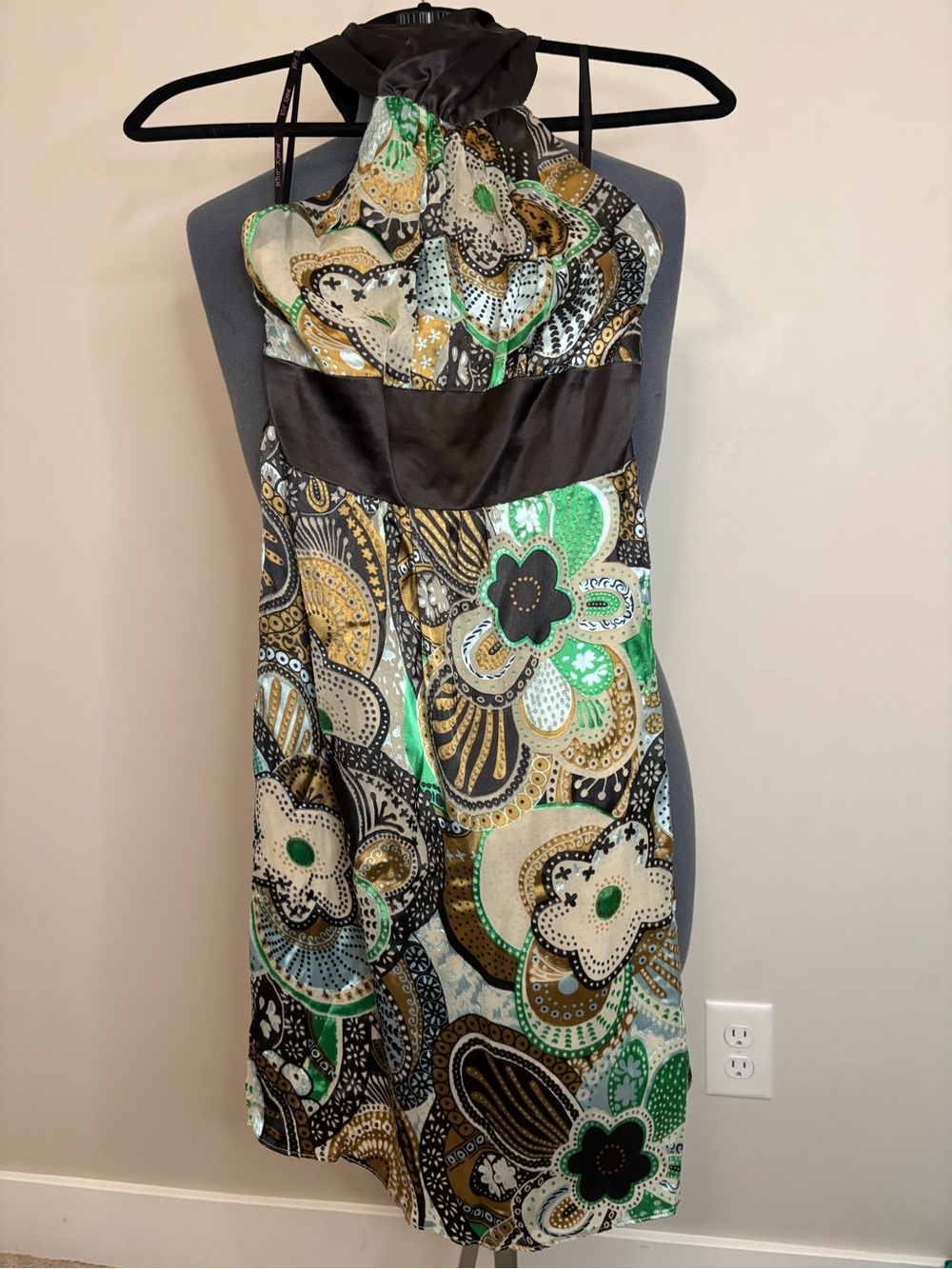 Halter Dress Sz 0 Retro Floral Paisley Satin Waist